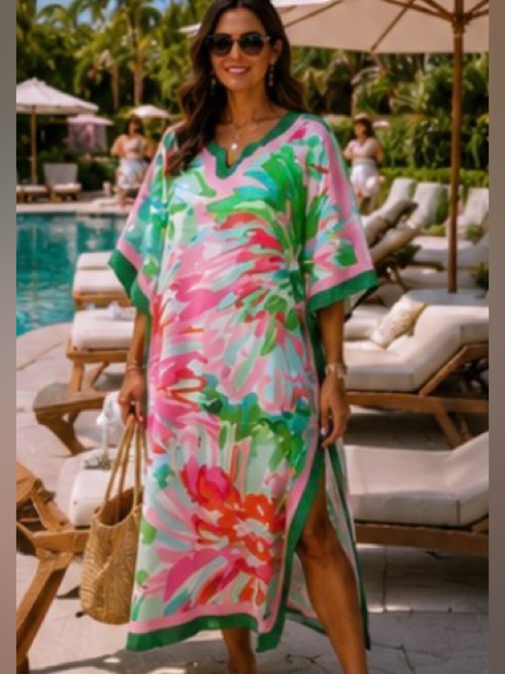 Lilly Pulitzer Inspired Pink Green Floral Caftan Maxi Dress Resort Cover Up